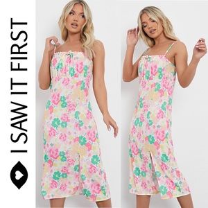 Floral Square Neck Midi Dress with Ruched Bust and Slit
